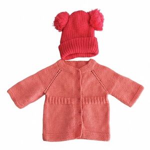 Handmade Baby Pink Knit Baby Cardigan and Hat Set